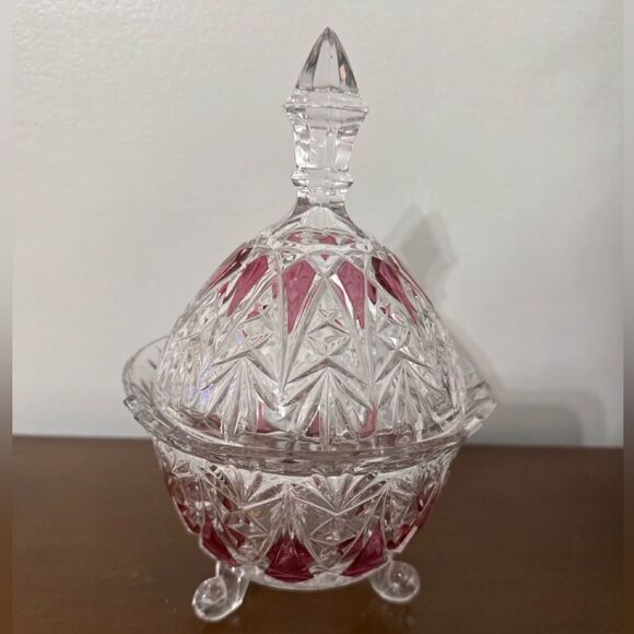 Vintage Ruby Red & Clear Cut Glass Covered Candy Dish with Lid – Footed, 9” - Picture 4 of 4